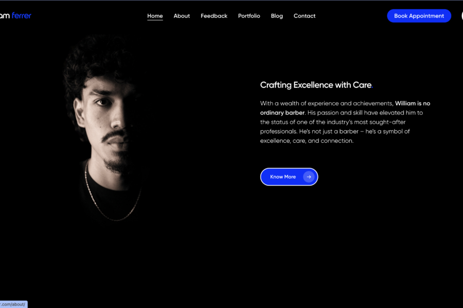 William Ferrer interior page showing barber services and brand story for a website in Pinole, CA
